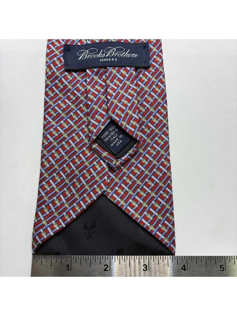 Brooks Brothers Makers Silk Tie Men Bit Link Geometric Pattern Navy Orange USA